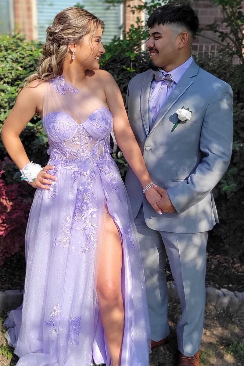 Dreamy Lavender Sheer Mesh One-Shoulder Long Prom Gown