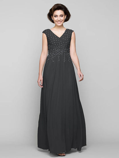 A-Line Mother of the Bride Dress Elegant V Neck Floor Length Chiffon Sleeveless with Criss Cross