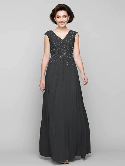 DingjiA-Line Mother of the Bride Dress Elegant V Neck Floor Length Chiffon Sleeveless with Criss Cross Beading