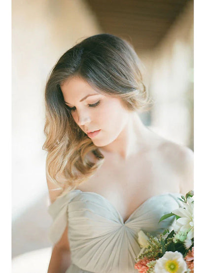 A-Line Bridesmaid Dress Sweetheart Neckline Short Sleeve Furcal Floor Length Chiffon with Pleats / Split Front