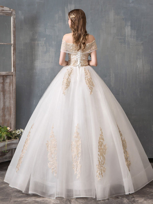 Lace Appliqued Ball Gown Wedding Dresses Off Shoulder Bridal Dress