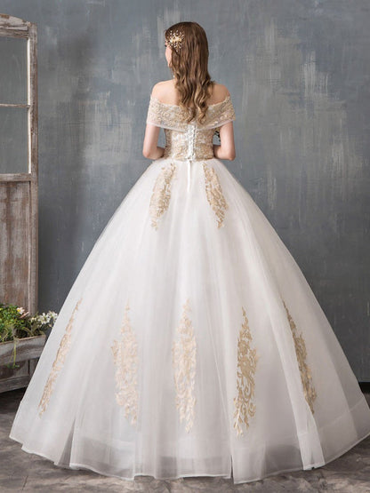 Lace Appliqued Ball Gown Wedding Dresses Off Shoulder Bridal Dress