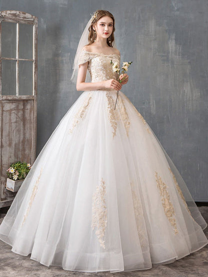 Lace Appliqued Ball Gown Wedding Dresses Off Shoulder Bridal Dress