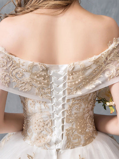Lace Appliqued Ball Gown Wedding Dresses Off Shoulder Bridal Dress
