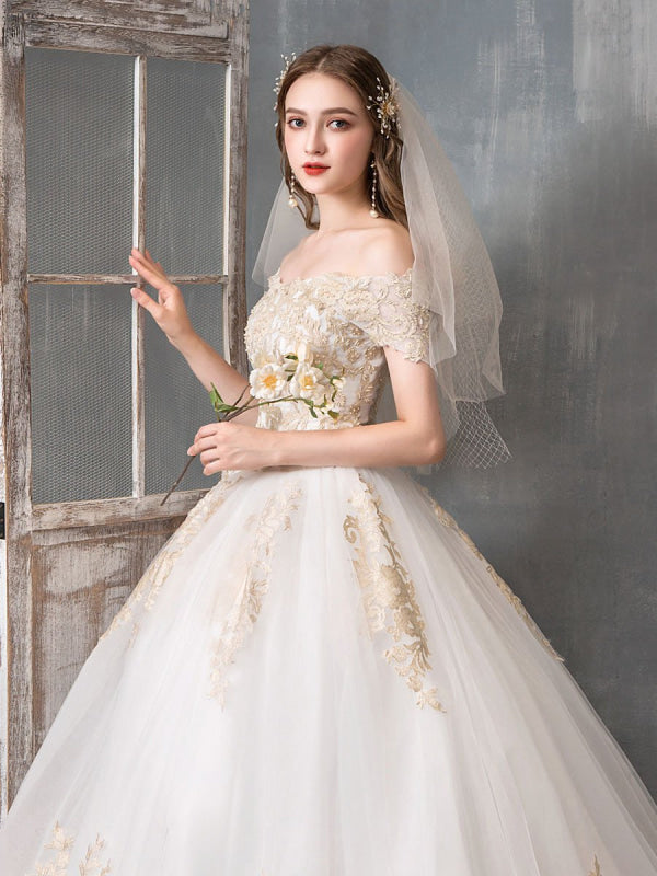Lace Appliqued Ball Gown Wedding Dresses Off Shoulder Bridal Dress