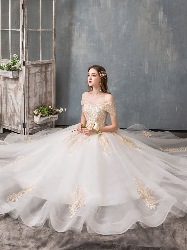 Lace Appliqued Ball Gown Wedding Dresses Off Shoulder Bridal Dress