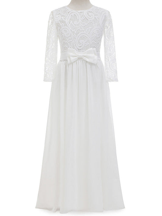 Lace Bow Jewel Neck Long Length Sheath Column Flower Girl Dress