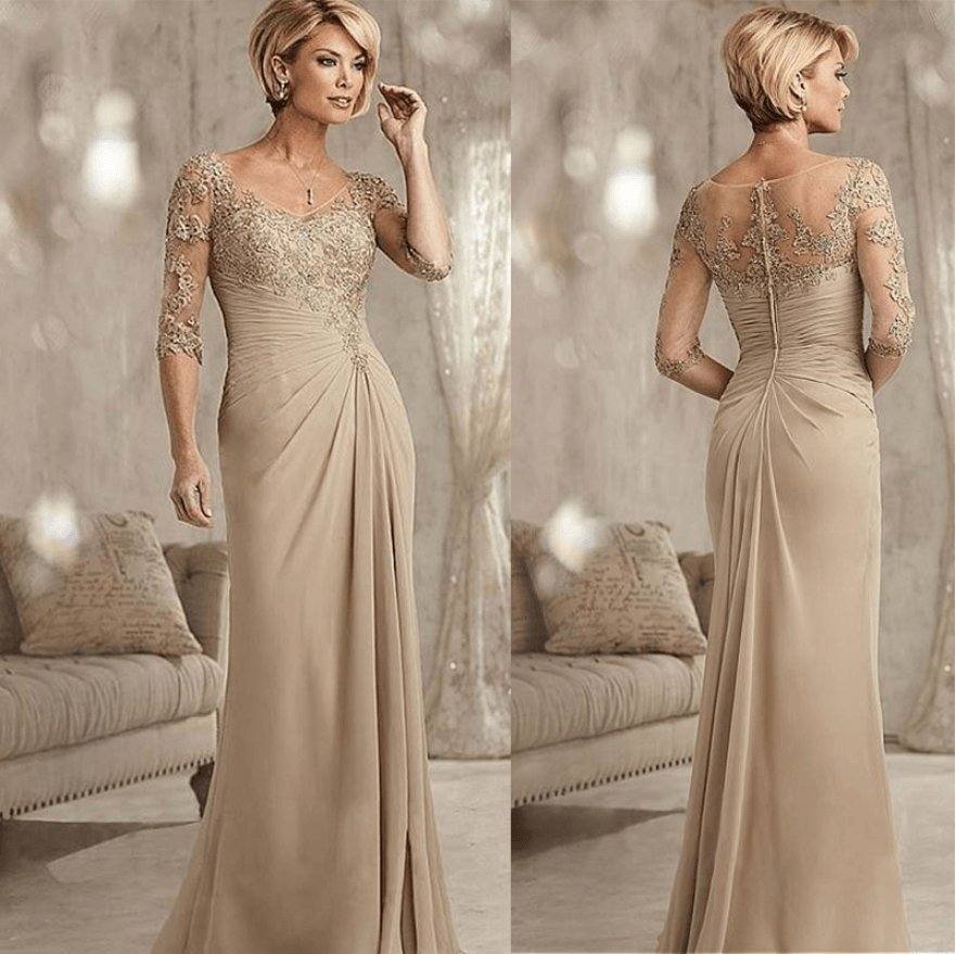 Lace Champagne Mother of The Bride Dresses Plus Size Chiffon Half Sleeves Groom Godmother Evening Dress For Wedding - RongMoon