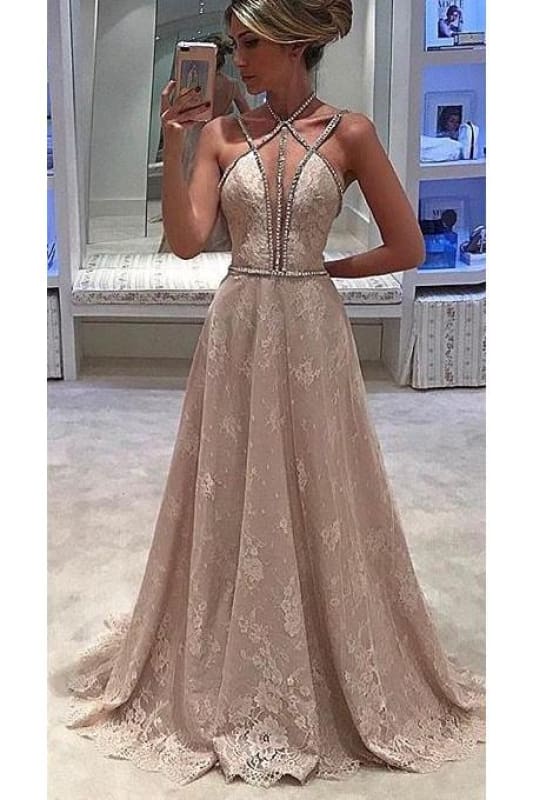 Lace Halter Sleeveless ALine Evening Dress Deep V-neck Prom Dress With Beading