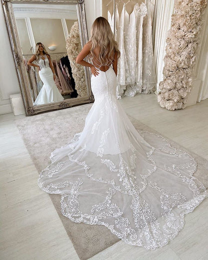 Lace Mermaid Wedding Dress Appliques Tulle Wedding Dress Sleeveless Elegant