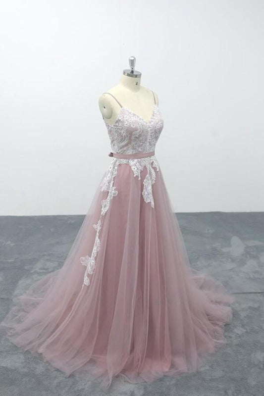Lace Tulle Spaghetti Strap A-line Wedding Dress