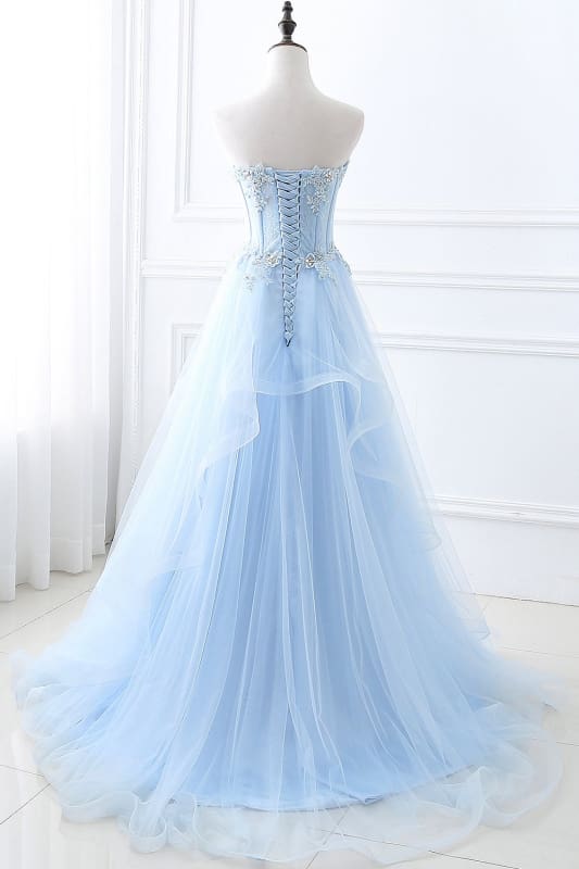 Lace-up Appliques Tulle Long A-line Prom Dress Sky Blue Evening Dress