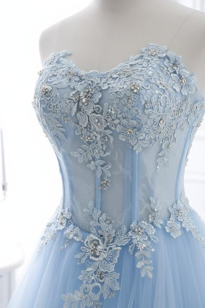 Lace-up Appliques Tulle Long A-line Prom Dress Sky Blue Evening Dress