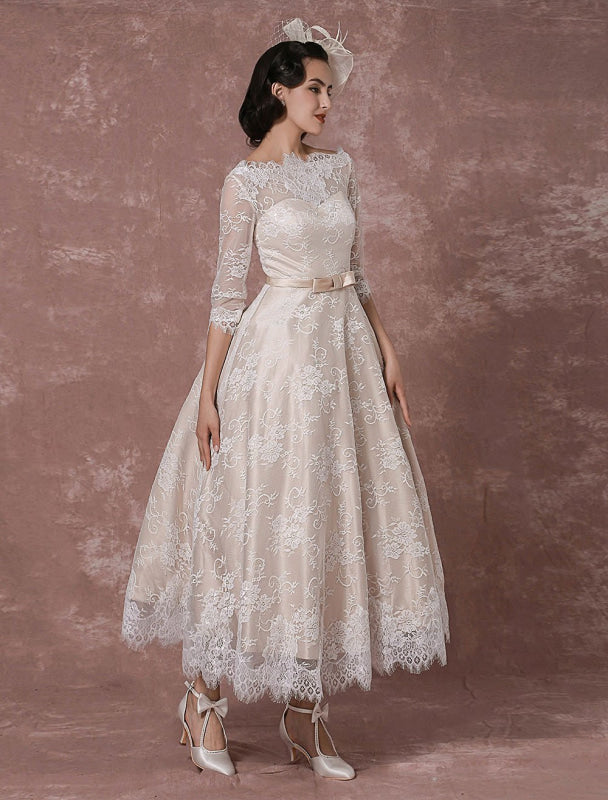 Vintage Champagne Lace Wedding Dress Bateau Neck Half Sleeve Tea Length Bridal Gown