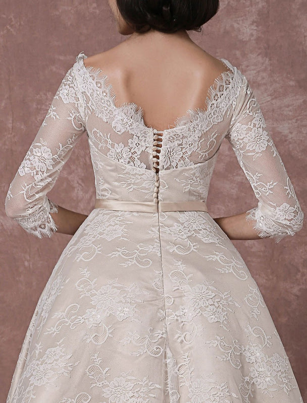 Vintage Champagne Lace Wedding Dress Bateau Neck Half Sleeve Tea Length Bridal Gown