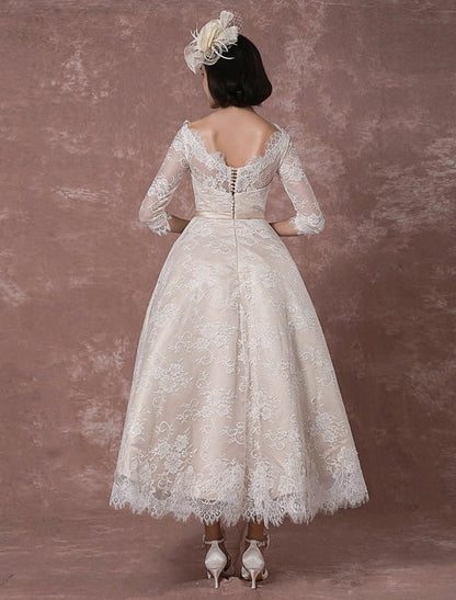 Vintage Champagne Lace Wedding Dress Bateau Neck Half Sleeve Tea Length Bridal Gown