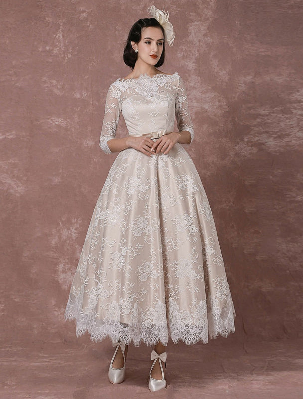 Vintage Champagne Lace Wedding Dress Bateau Neck Half Sleeve Tea Length Bridal Gown