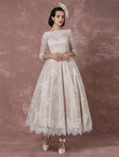 Vintage Champagne Lace Wedding Dress Bateau Neck Half Sleeve Tea Length Bridal Gown