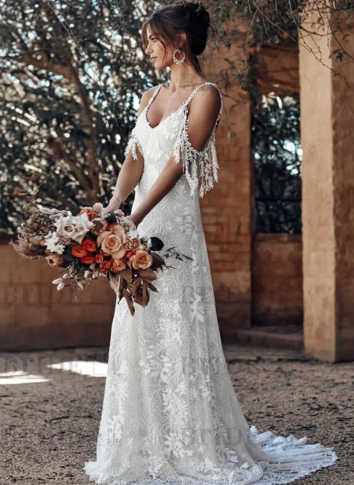 Lace Wedding Dress With Train Ivory A-Line Sleeveless V-Neck Backless Bridal Gowns