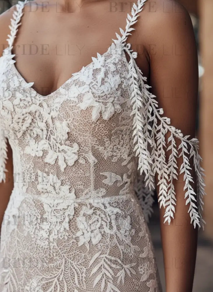 Lace Wedding Dress With Train Ivory A-Line Sleeveless V-Neck Backless Bridal Gowns