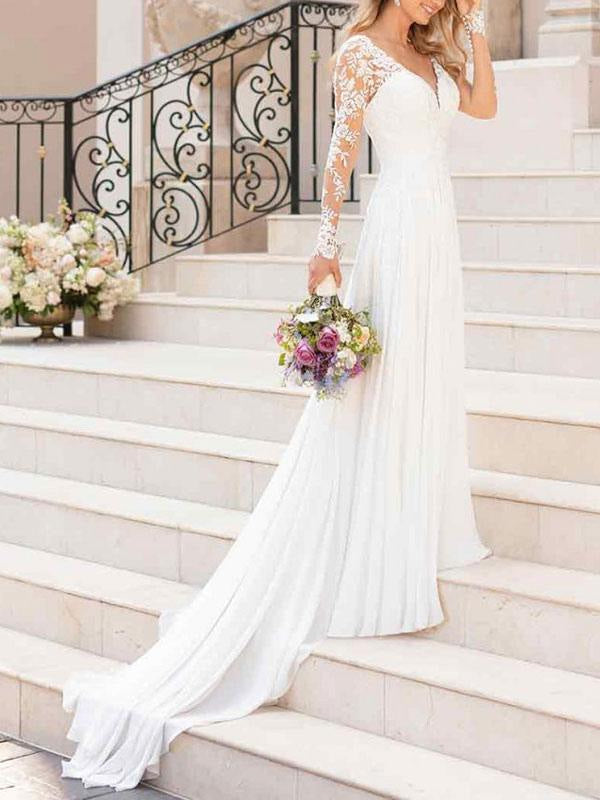 Lace Wedding Dresses Chiffon V Neck A Line Long Sleeve Lace Applique Beach Wedding Bridal Dress With Train