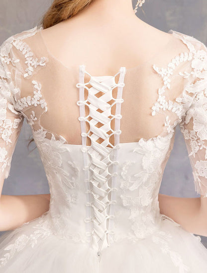 Lace Wedding Dresses Ivory Illusion Half Sleeves Princess Wedding Dress
