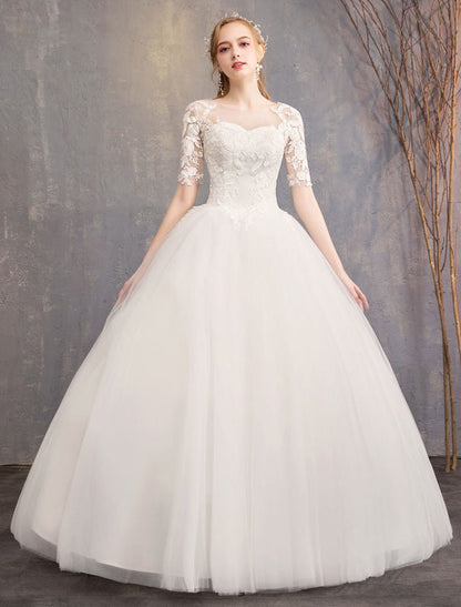 Lace Wedding Dresses Ivory Illusion Half Sleeves Princess Wedding Dress