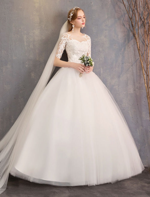 Lace Wedding Dresses Ivory Illusion Half Sleeves Princess Wedding Dress