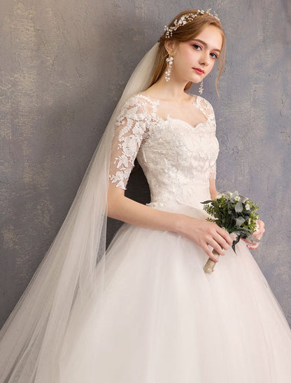 Lace Wedding Dresses Ivory Illusion Half Sleeves Princess Wedding Dress
