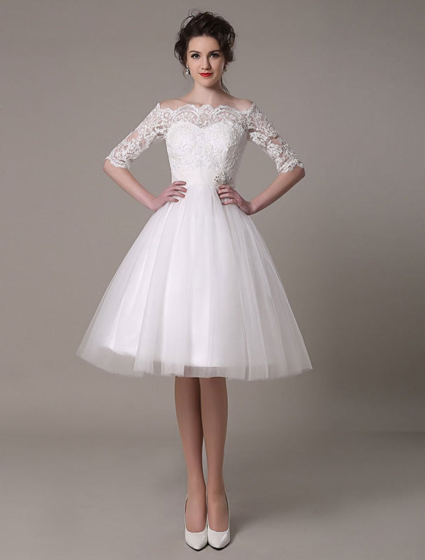 Exclusive Lace Wedding Dresses Short Off The Shoulder A Line Knee Length Rhinestone Bridal Dress