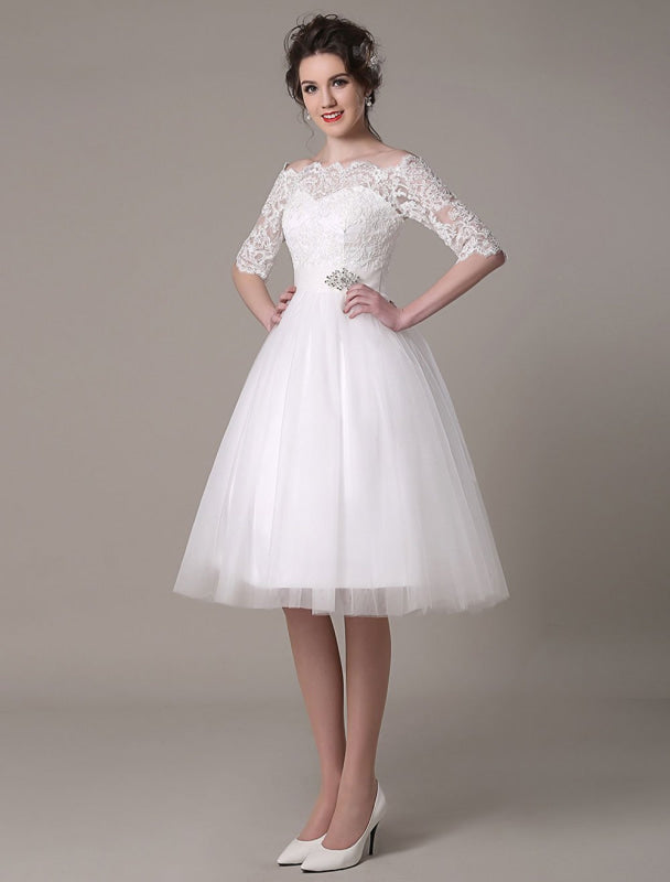 Exclusive Lace Wedding Dresses Short Off The Shoulder A Line Knee Length Rhinestone Bridal Dress
