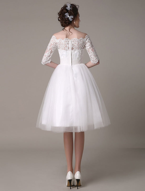 Exclusive Lace Wedding Dresses Short Off The Shoulder A Line Knee Length Rhinestone Bridal Dress