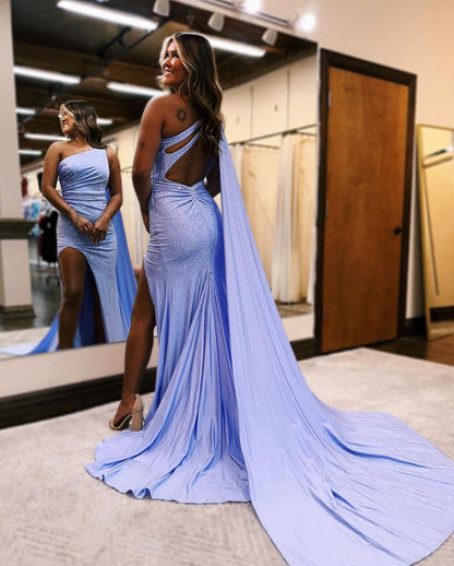 Lavender Beaded One Shoulder Sequins Prom Dress Sleeveless Long
