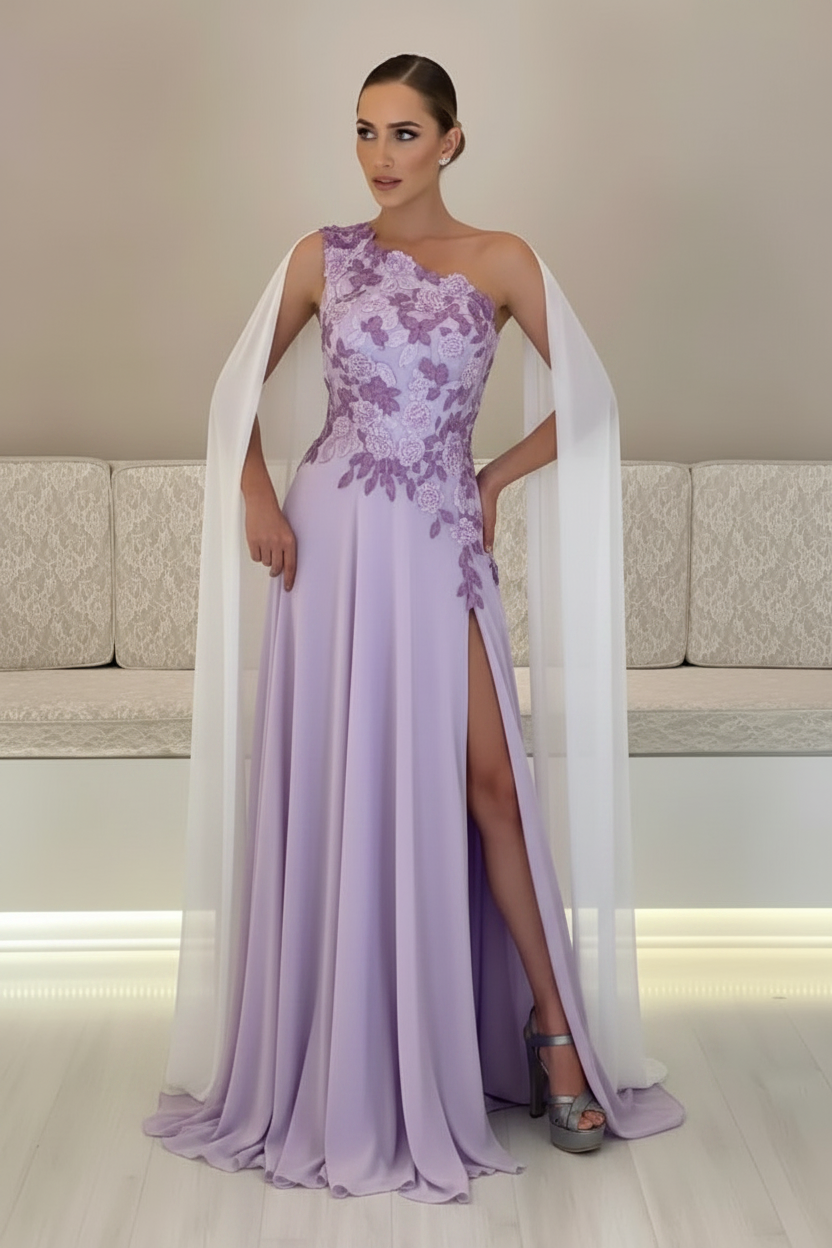 One-Shoulder Sleeveless Chiffon Evening Dresses Long with Side Slit