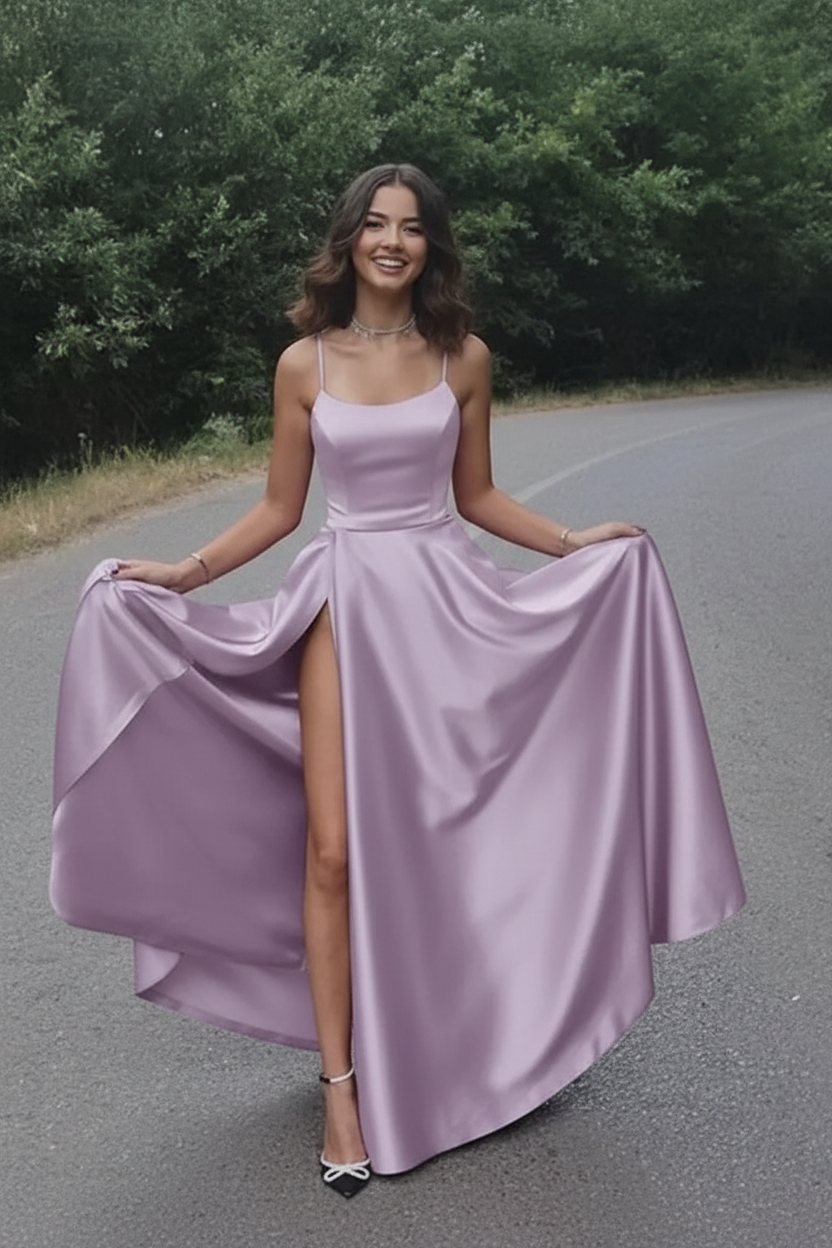 Simple A Line Red Satin Prom Dresses Long with High Slit Formal Graduation Evening Dresses