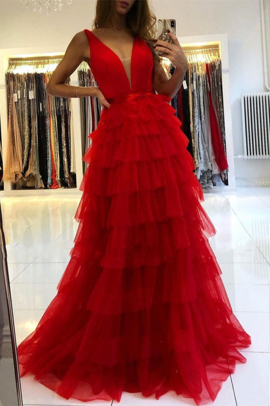 Layered V-Neck Sleeveless Evening Dress