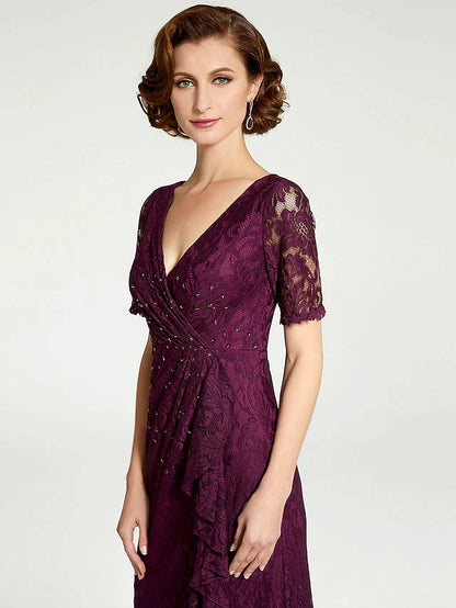 DingjiSheath / Column Mother of the Bride Dress V Neck Floor Length Lace Short Sleeve with Lace Beading