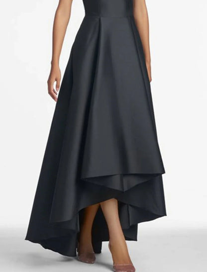 A-Line Wedding Guest Dresses Elegant Black Dress Plus Size Wedding Guest Wedding Party Asymmetrical Sleeveless Jewel Neck Satin with Shouder Flower 2025