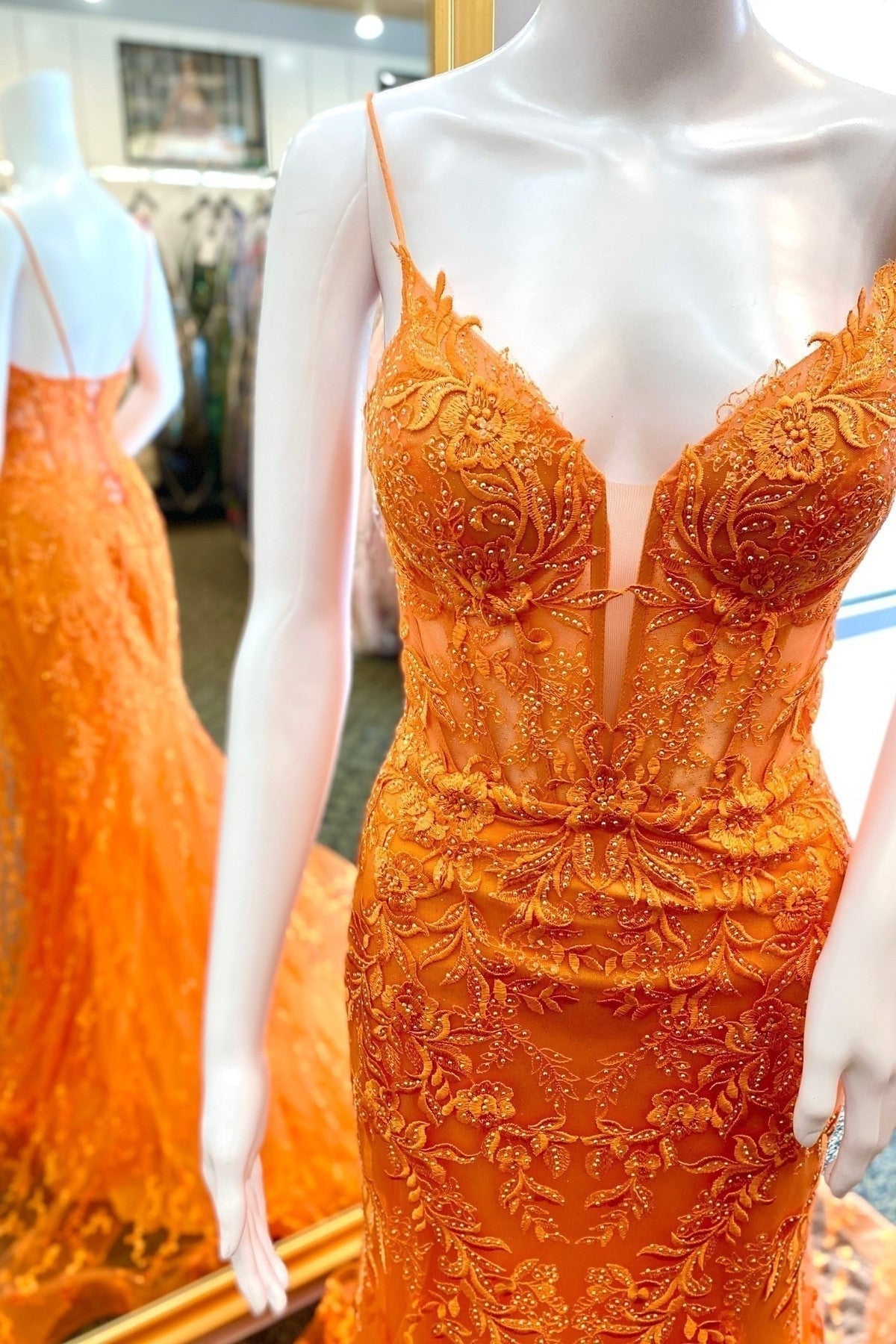 Mermaid Charming V Neck Sage Lace Prom Dresses