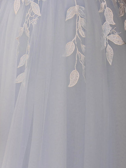 Cynthia | Light Blue V Neck Lace-Up Appliques Tulle Long Prom Dress