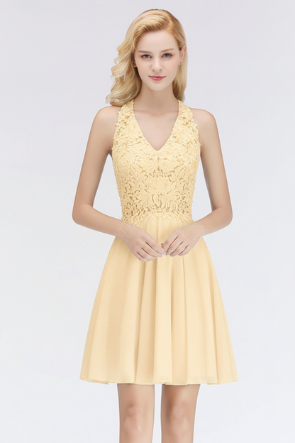 V-Neck Knee Length Floral Lace Birdesmaid Dresses