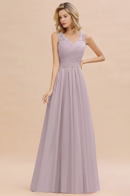 Modest Floral Lace A-line Bridesmaid Dress V-Neck Ruched Chiffon Wedding Guest Dress