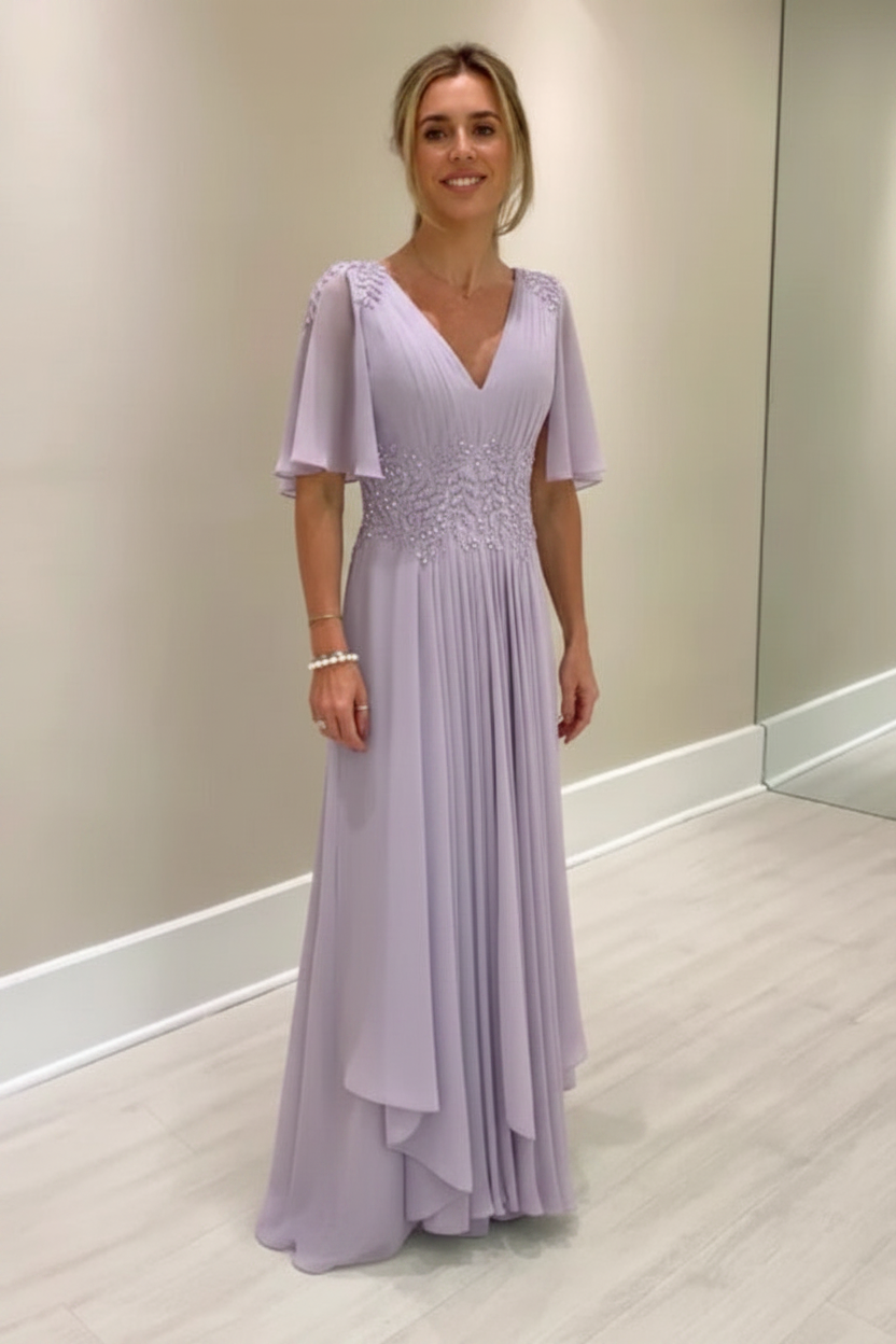 Elegant Half Sleeves V-neck Aline Wedding Guest Dress Chiffon Mother of the Bride Dress