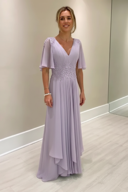 Elegant Half Sleeves V-neck Aline Wedding Guest Dress Chiffon Mother of the Bride Dress