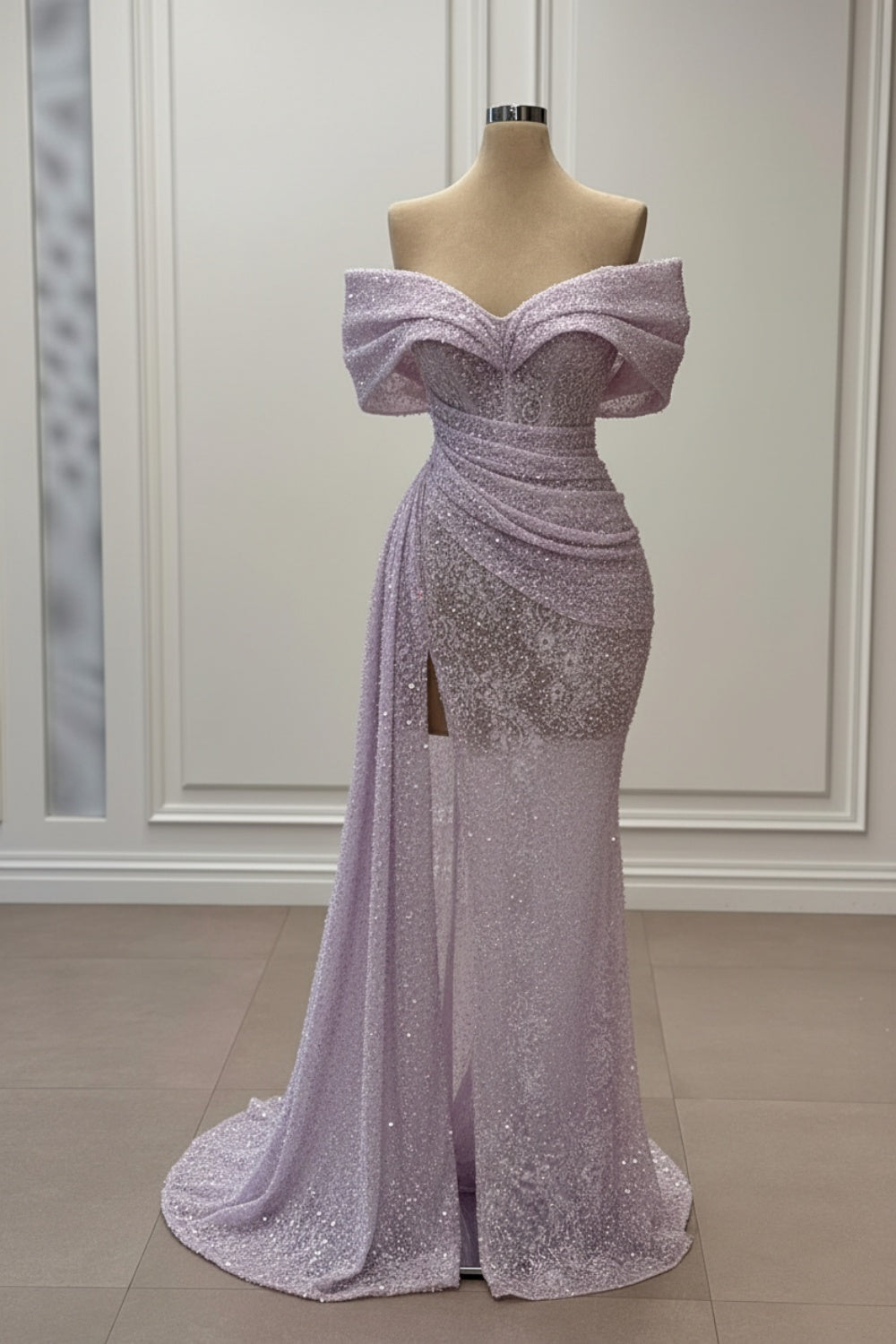 Off-the-Shoulder White Sequined Mermaid Wedding Dress