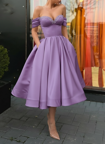 Off Shoulder Satin Tea Length Prom Dresses Sequins Pink Formal Graduation Evening Dresses