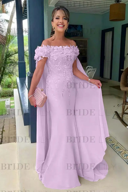 Off-The-Shoulder Mermaid Chiffon Wedding Guest Dresses Long with Appliques