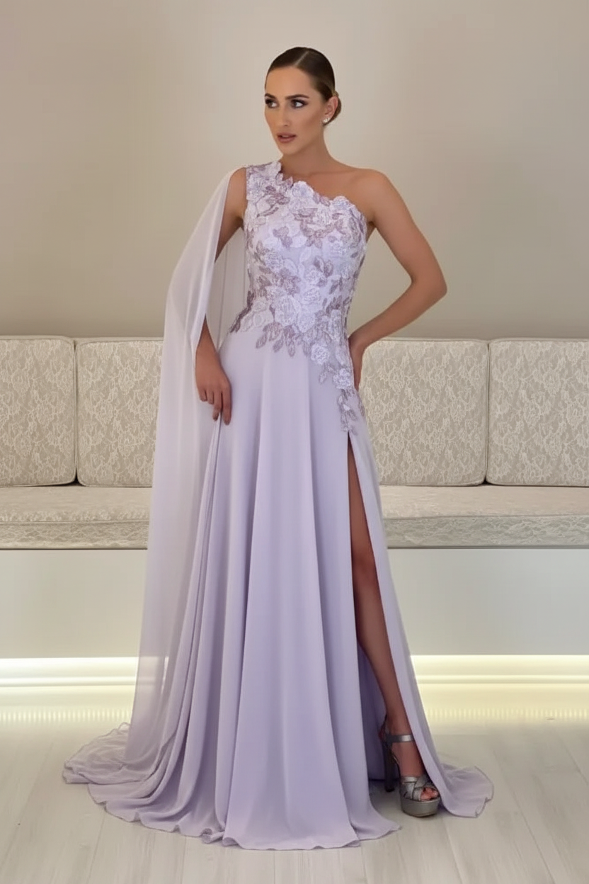 One-Shoulder Sleeveless Chiffon Evening Dresses Long with Side Slit
