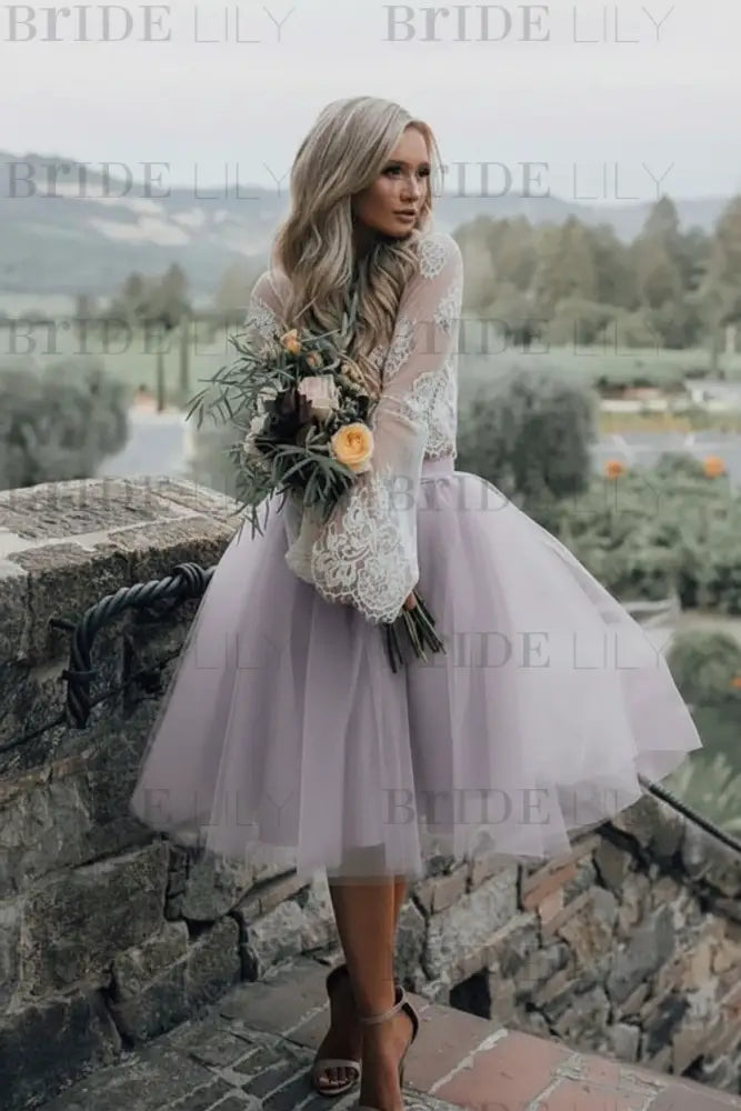 Blue Simple Wedding Dress A Line Designed Neckline Lace Tulle Bridal Gowns