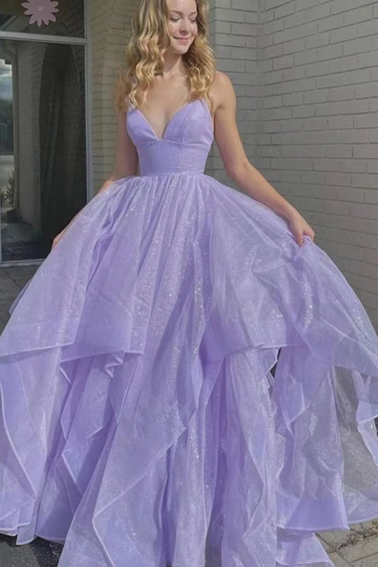 Lilac Spaghetti-Strap V-Neck A-Line Prom Dress With Tulle